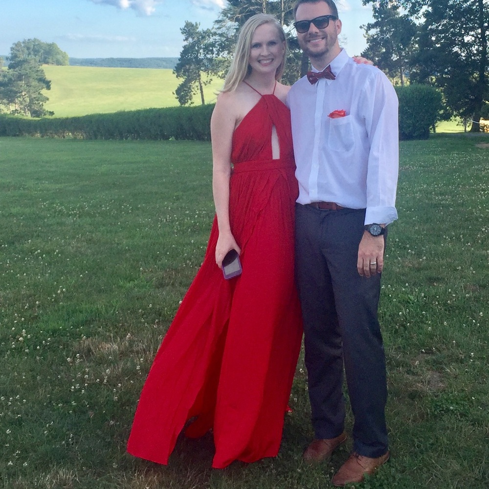 Lulu’s Red Halter Open Back Gown